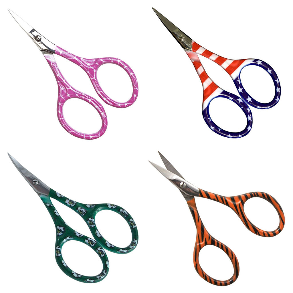 Nervana scissors in the patterns Pink, USA Flag, Sheep, and Tiger.