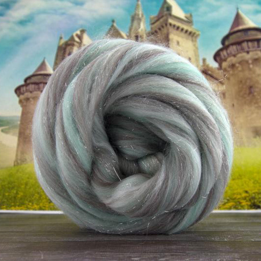 Color happily ever after. A neautral and soft blue blend of merino and stellina spinning fiber.