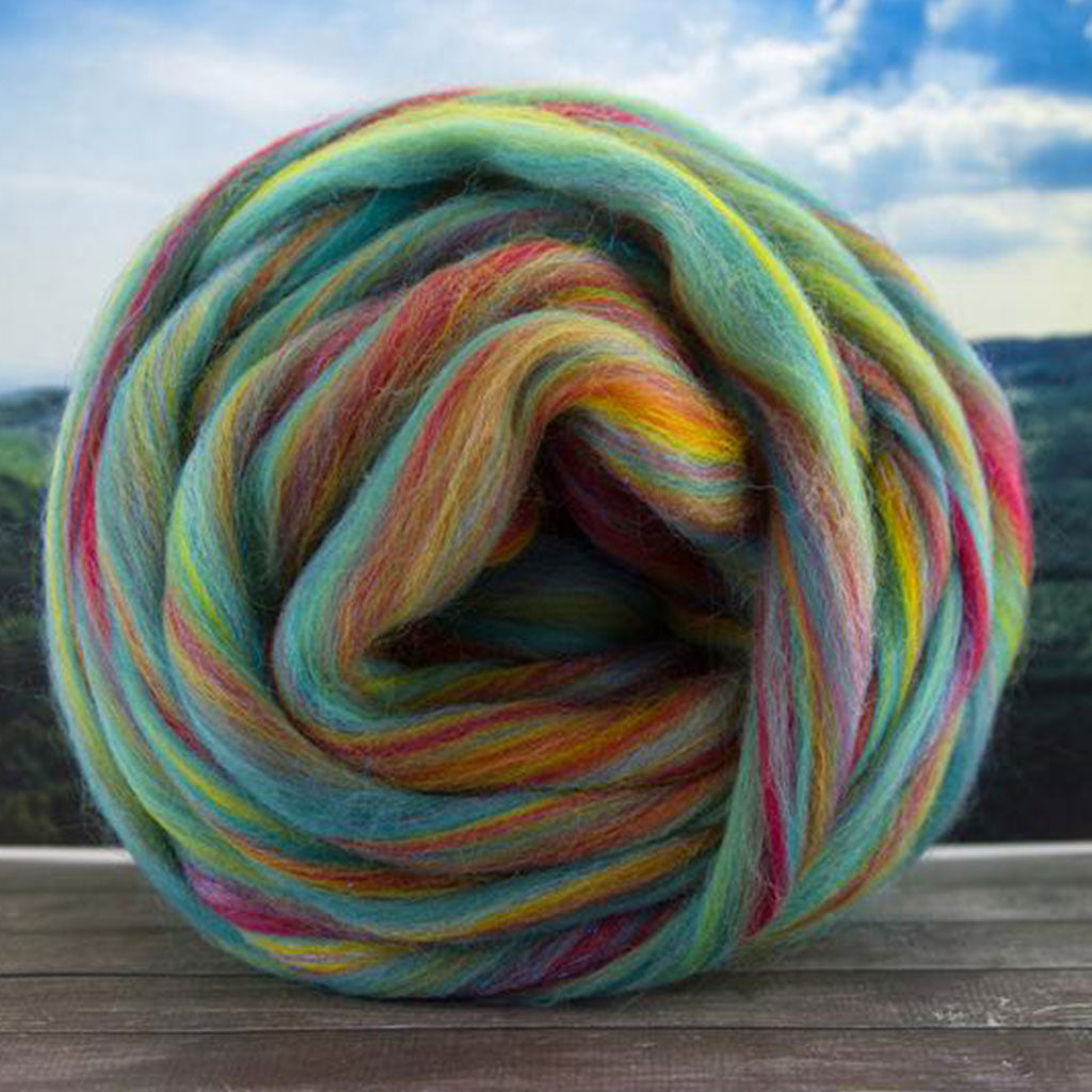 Color over the rainbow. A primary rainbow blend of merino and stellina spinning fiber.
