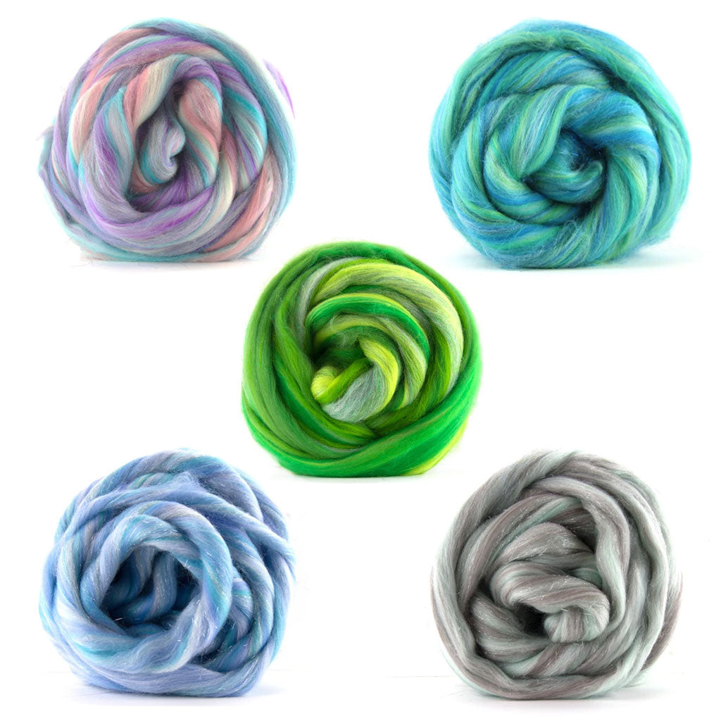 5 shades of the fairytale spinning fiber. One pastel, one aqua, one green, one ice blue, one neutral