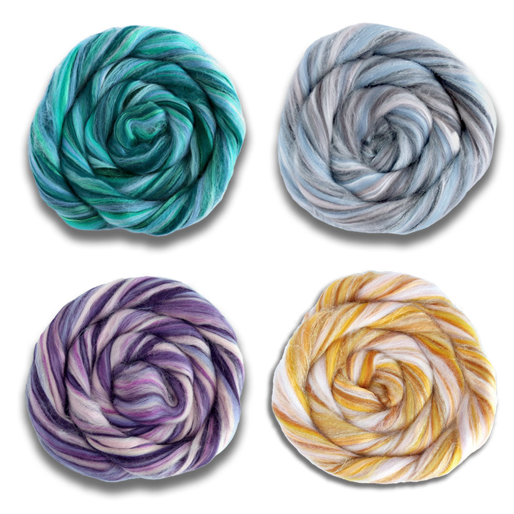 All four shades of the Newenia Collection. One green/blue, one grey/blue, one purple, and one gold.