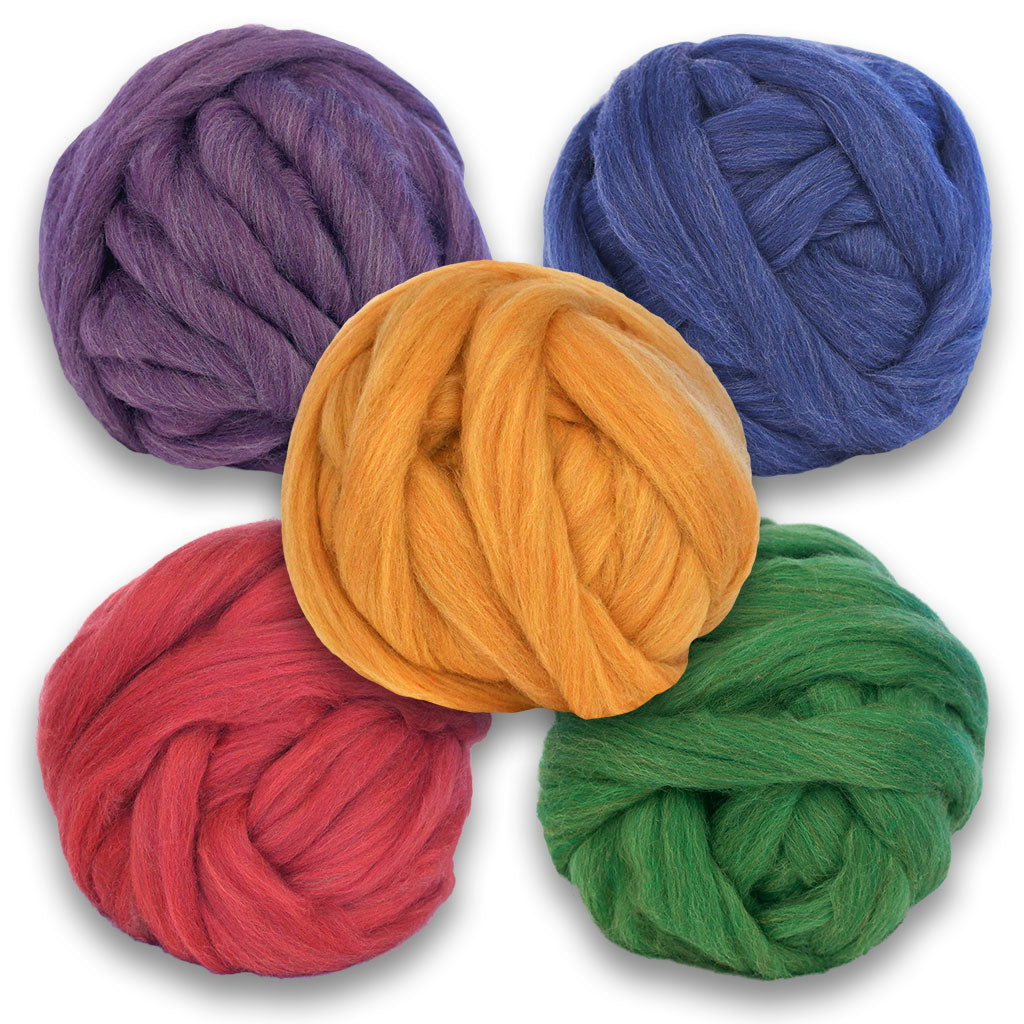 A collection of shetland wool heather rovings. One purple, blue, yellow, red, and green.