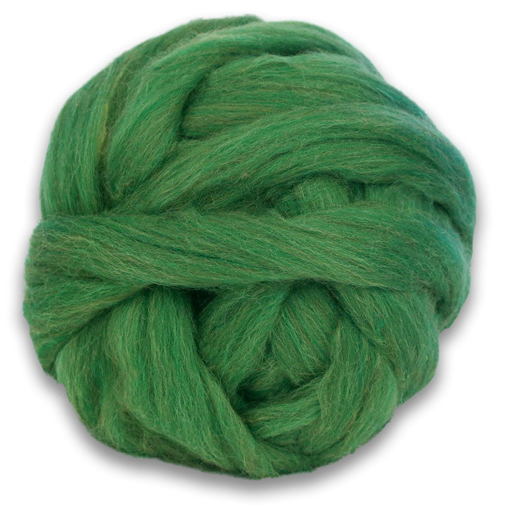 Color Roseroot. A ball of Green Shetland Wool Heather Combed Top Roving.