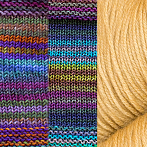 A color combo for the Positive Vibrations Shawl, featuring the colors 3020 + 3012 + Acorn