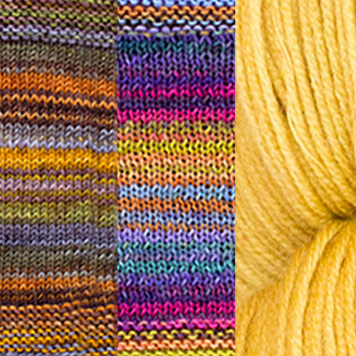 A color combo for the Positive Vibrations Shawl, featuring the colors 3001 + 3024 + Pomegranate
