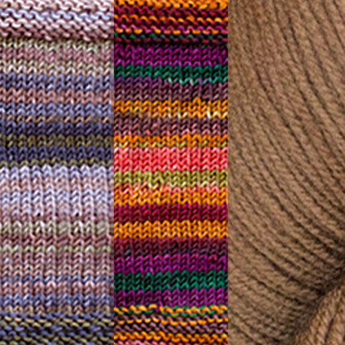 A color combo for the Positive Vibrations Shawl, featuring the colors 3006 + 3008 + Walnut