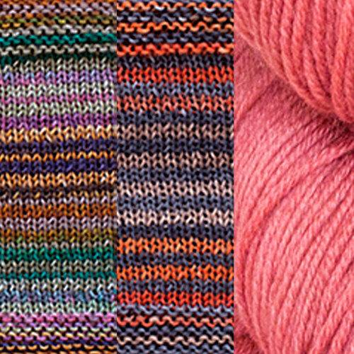 A color combo for the Positive Vibrations Shawl, featuring the colors 3019 + 3021 + Cranberry