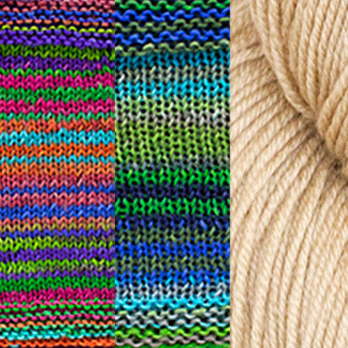 A color combo for the Positive Vibrations Shawl, featuring the colors 3023 + 3025 + Hazelnut