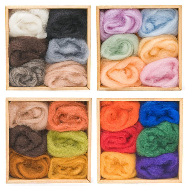 Woolpets Wool Roving Color Packs in the colors Neutral, Spring, Earth, and Rainbow.