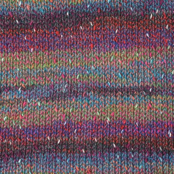 Hibiscus 7454. A self-striping yarn with blue, red, black and green.