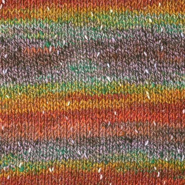 Pomelo 7451. A self striping yarn with red, yellow, orange red and grey.