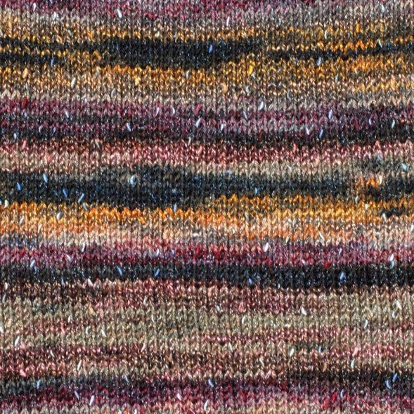 Soba 7407. A self striping yarn with red, orange, black and tan.
