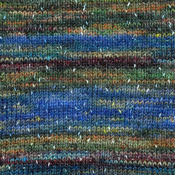 Zen Garden 7448. A self striping yarn with blue, green, orange and red.