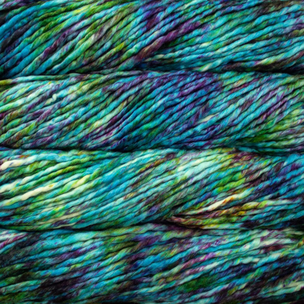 Color: Boomerang 197. An aqua, purple and yellow speckled variant of Malabrigo Rasta yarn. 