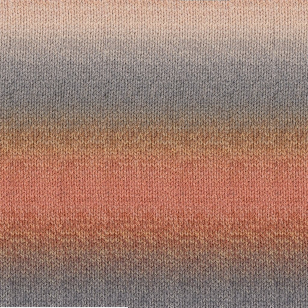 Queensland Collection Perth yarn in Bay of Fires, soft stripes of light greys and peach pinks.