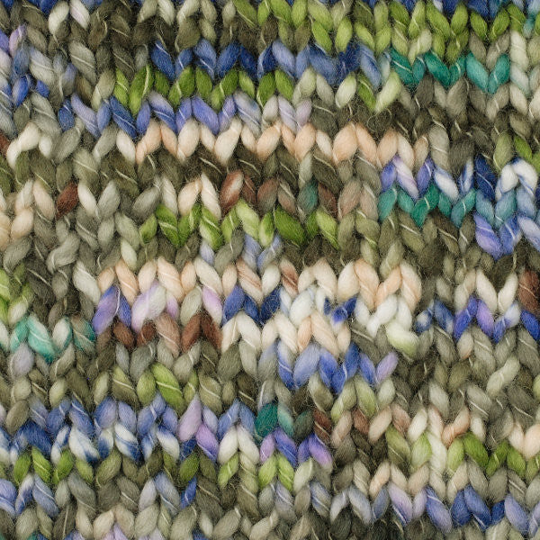 Berroco Coco in Pampas 4915 - a speckled colorway in forest and grass green, dark blue and light tan
