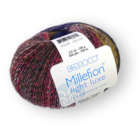 A skein of Berroco's Millefiori Light Luxe sport weight yarn.