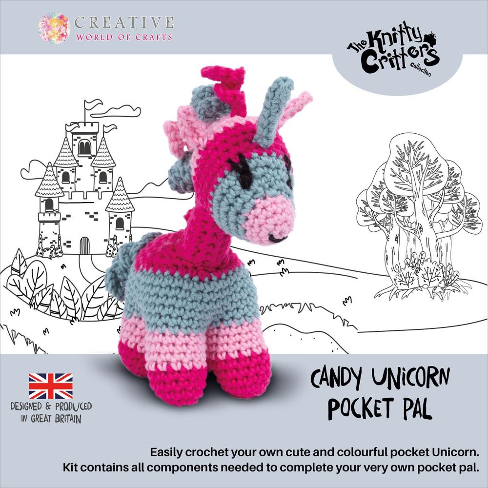 Knitty Critters Pocket Pal Crochet Kit Candy Unicorn - a pink, hot pink and grey unicorn