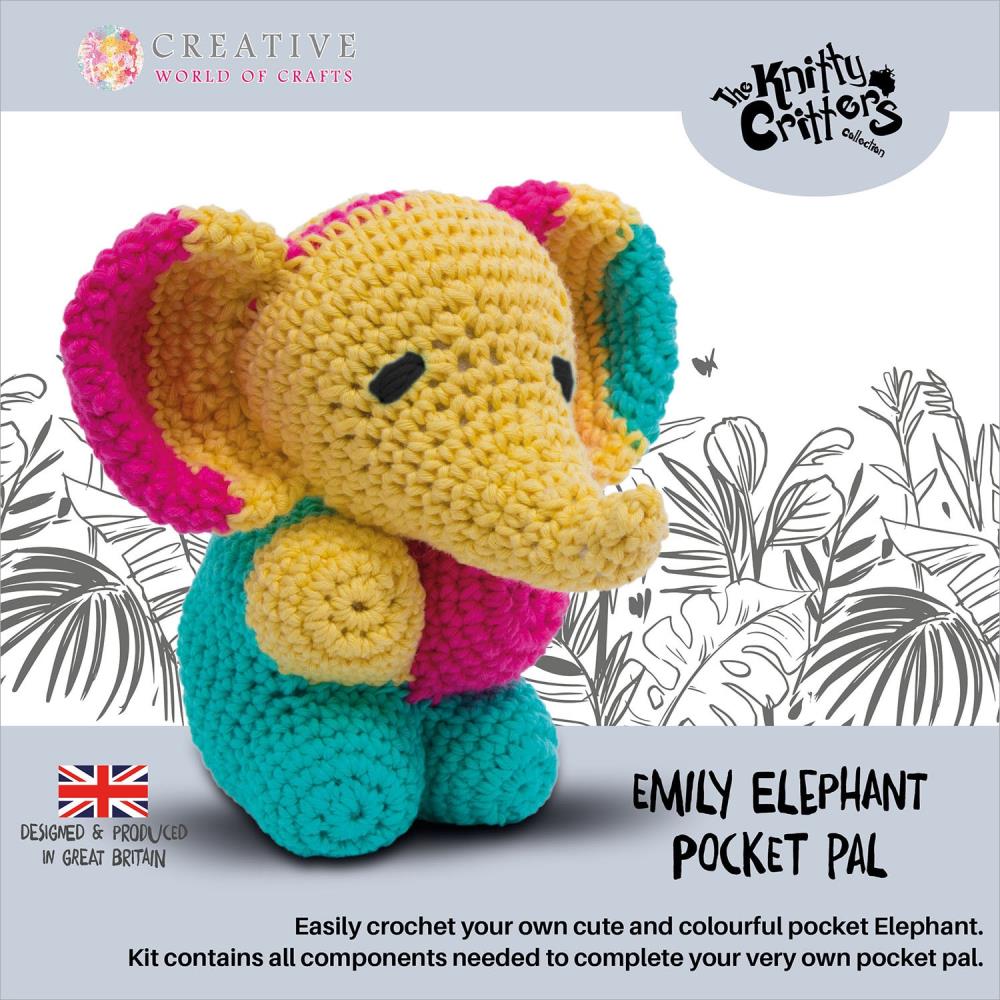 Knitty Critters Pocket Pal Crochet Kit Emily Elephant - a yellow, teal and magenta elephant