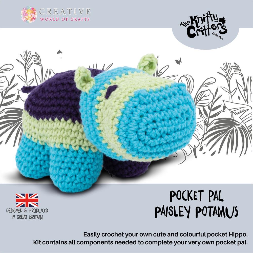 Knitty Critters Pocket Pal Crochet Kit Paisley Potamus - a blue, green and purple hippo