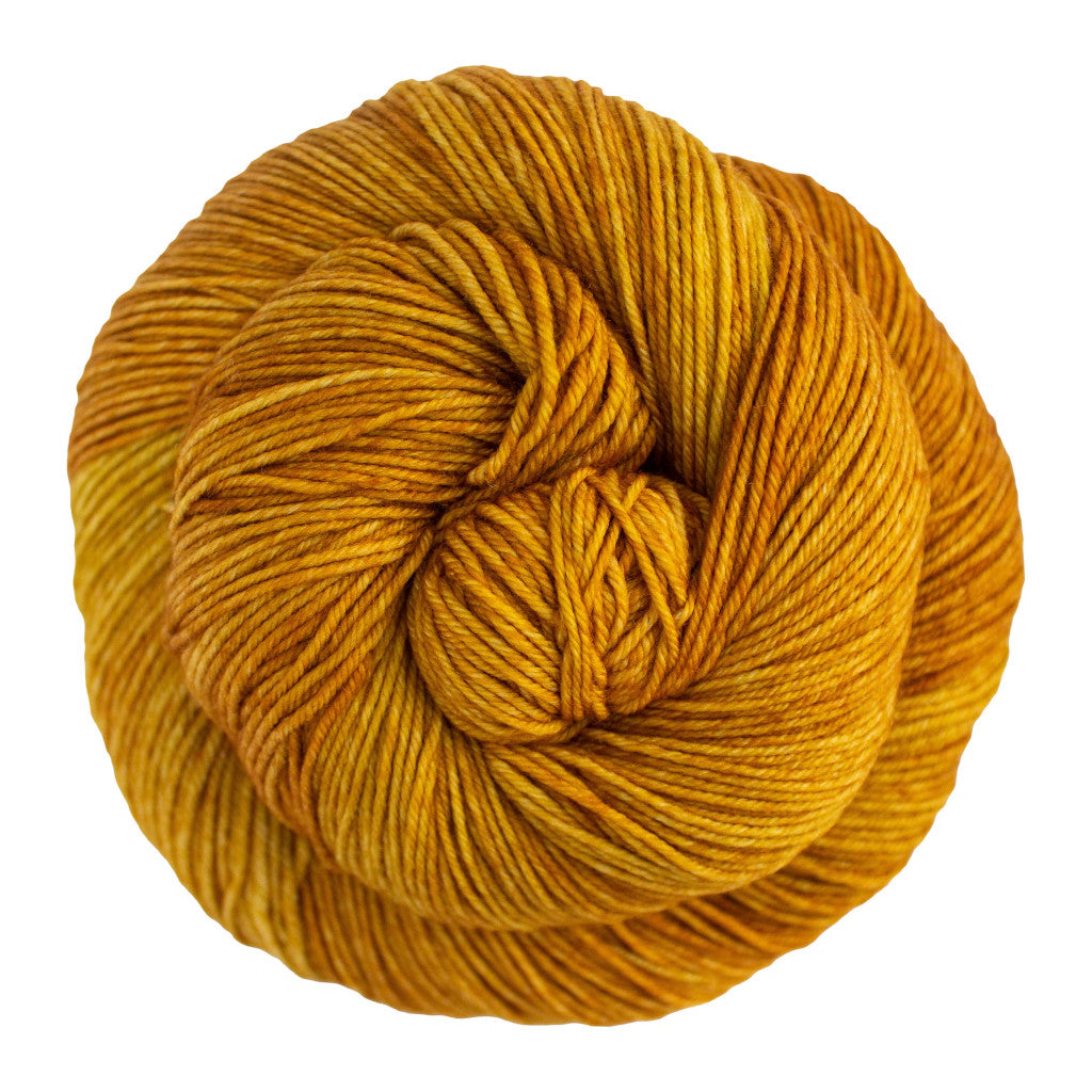 Color: Oro 013 . A a golden yellow variegated skein of Malabrigo Ultimate Sock yarn