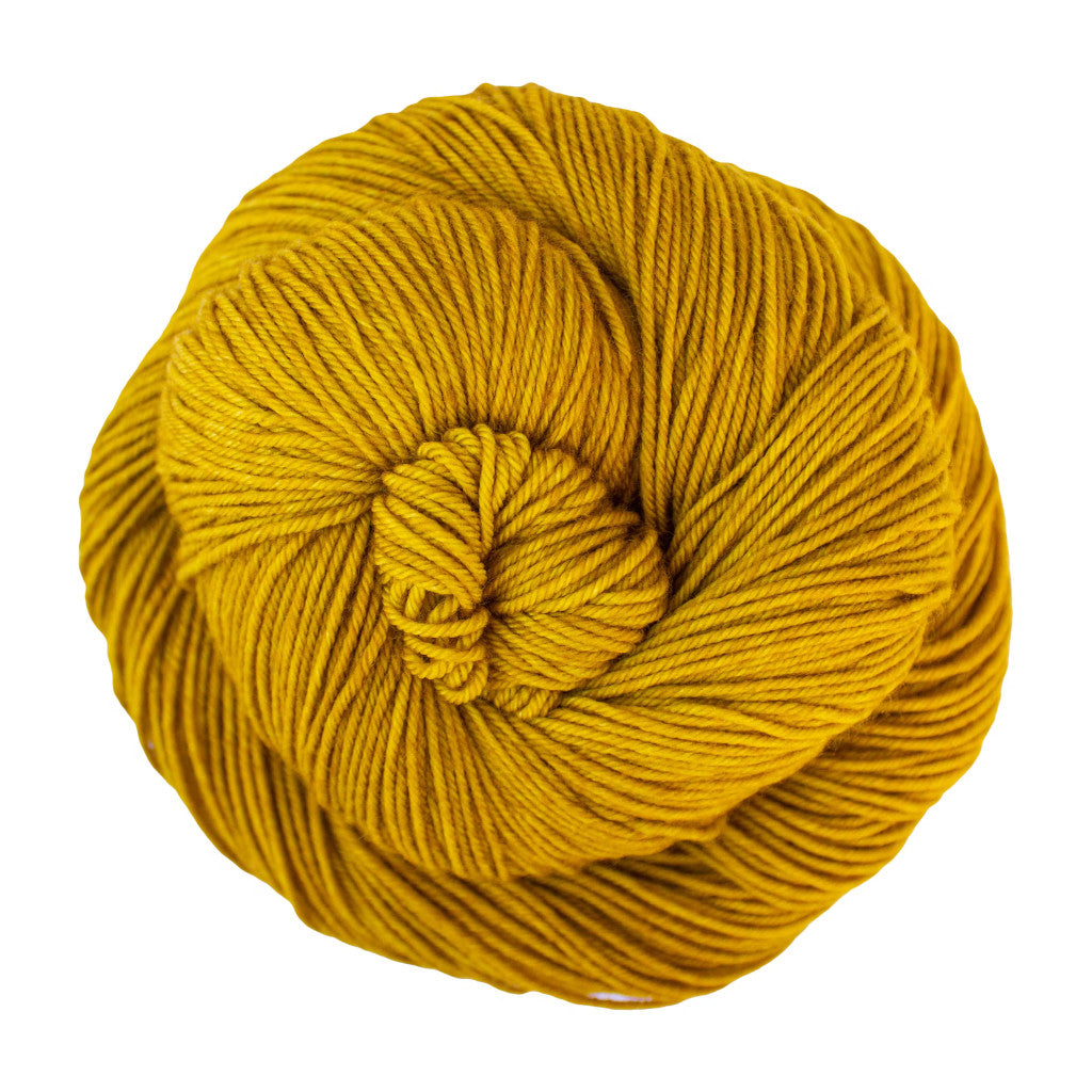 Color: Frank Ochre. An ochre yellow variegated skein of Malabrigo Ultimate Sock yarn