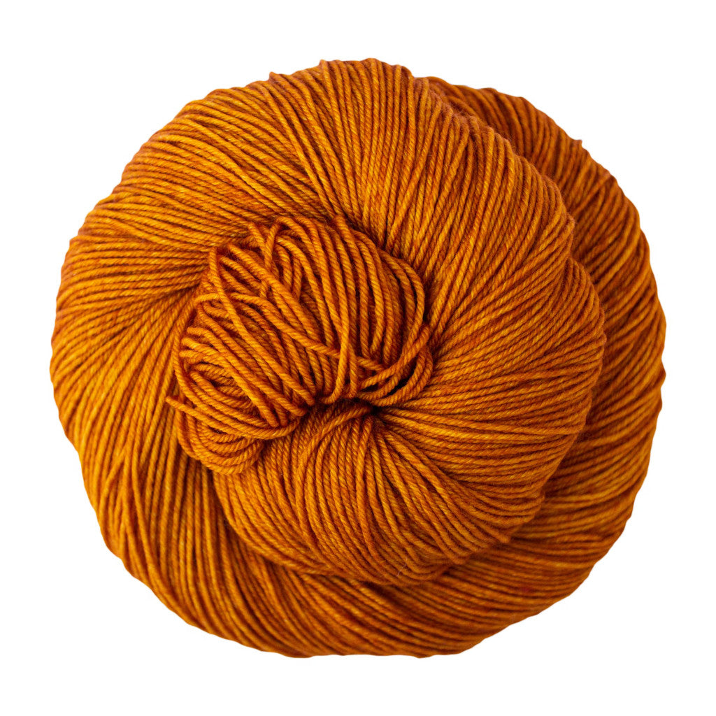 Color: Sunset 096. A sunset orange variegated skein of Malabrigo Ultimate Sock yarn