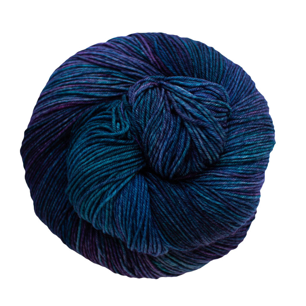 Color: Whales Roade 247. A deep blue and purple variegated skein of Malabrigo Ultimate Sock yarn