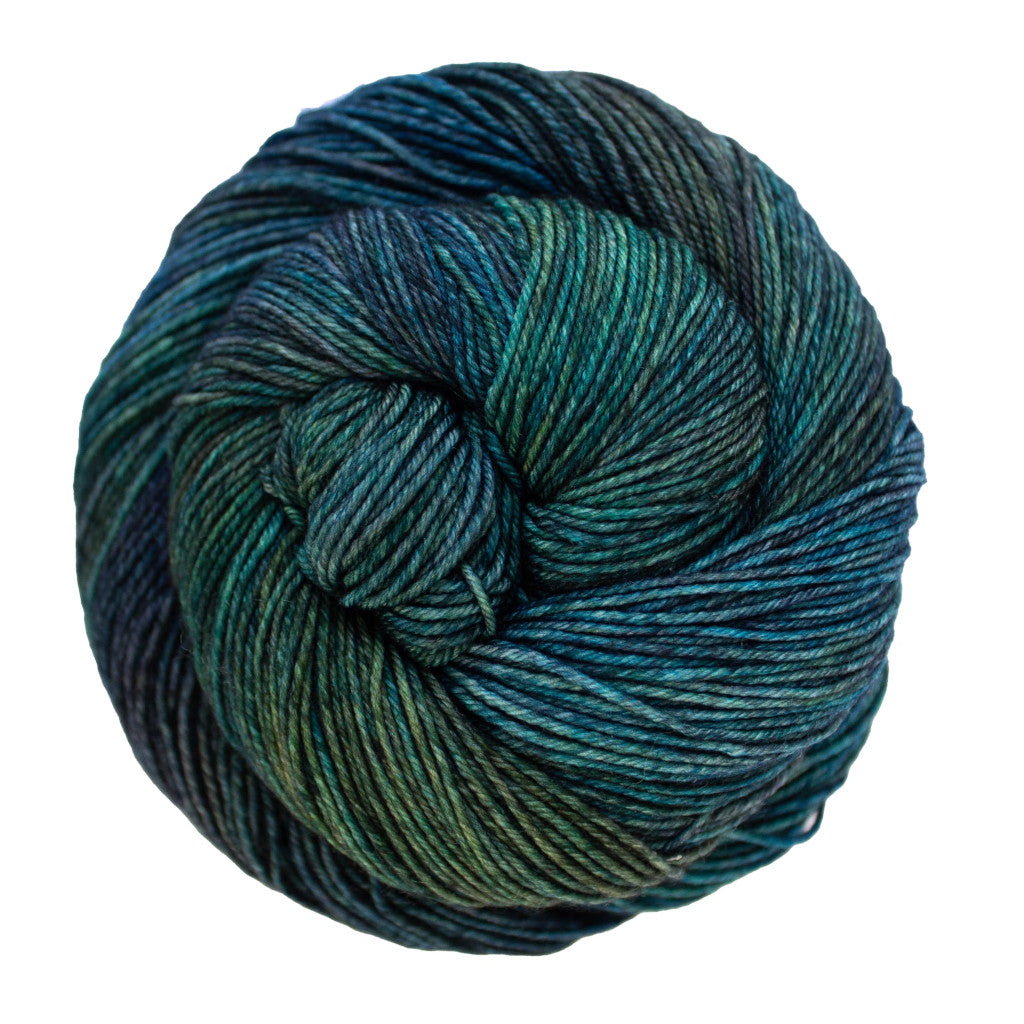 Color: Wabi Sabi 252 . A yellowish green and blue variegated skein of Malabrigo Ultimate Sock yarn