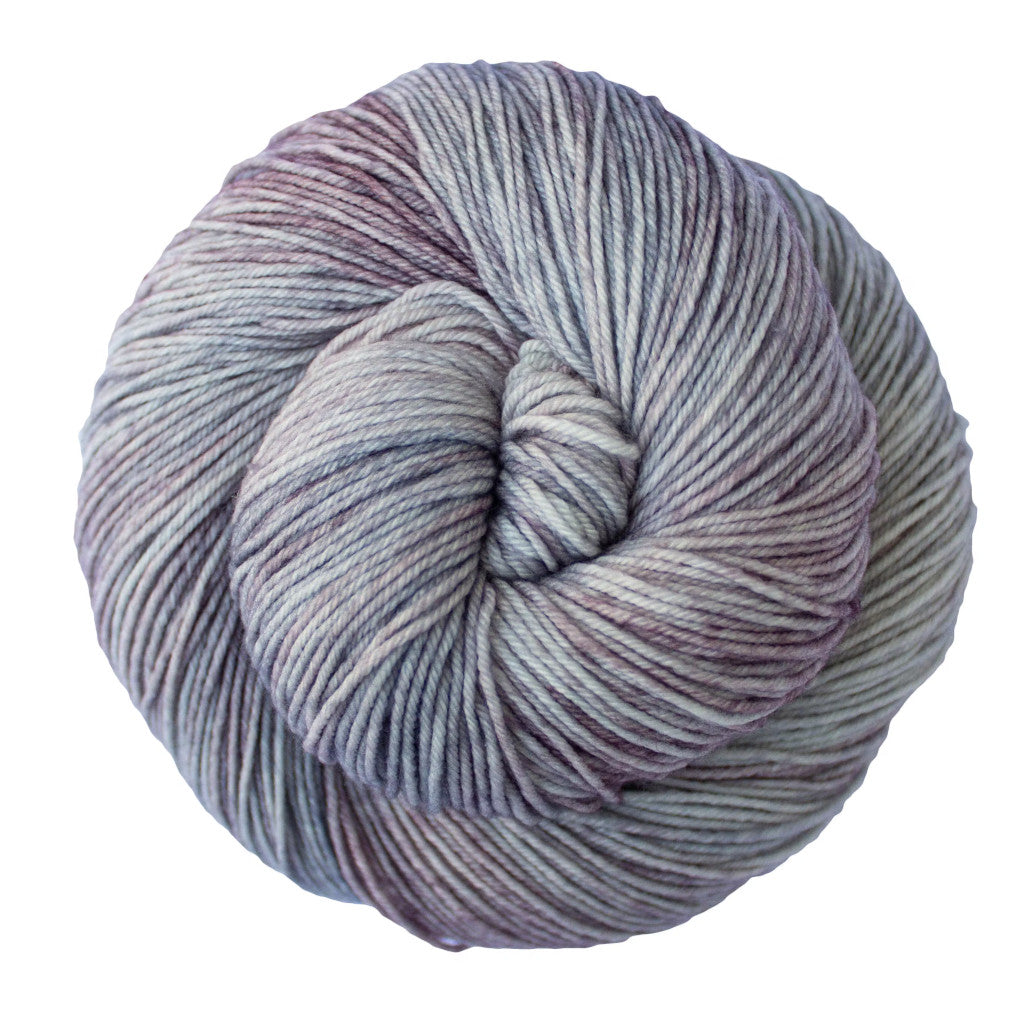 Color: Peggy 334 . A light grey and pale pink variegated skein of Malabrigo Ultimate Sock yarn