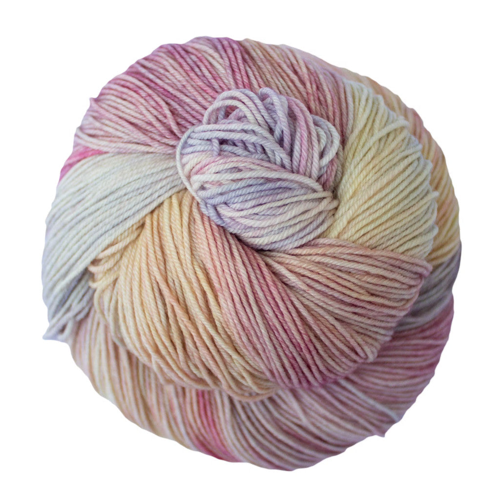 Color:Rosalinda 398.A pale pink, yellow and purple variegated skein of Malabrigo Ultimate Sock yarn 