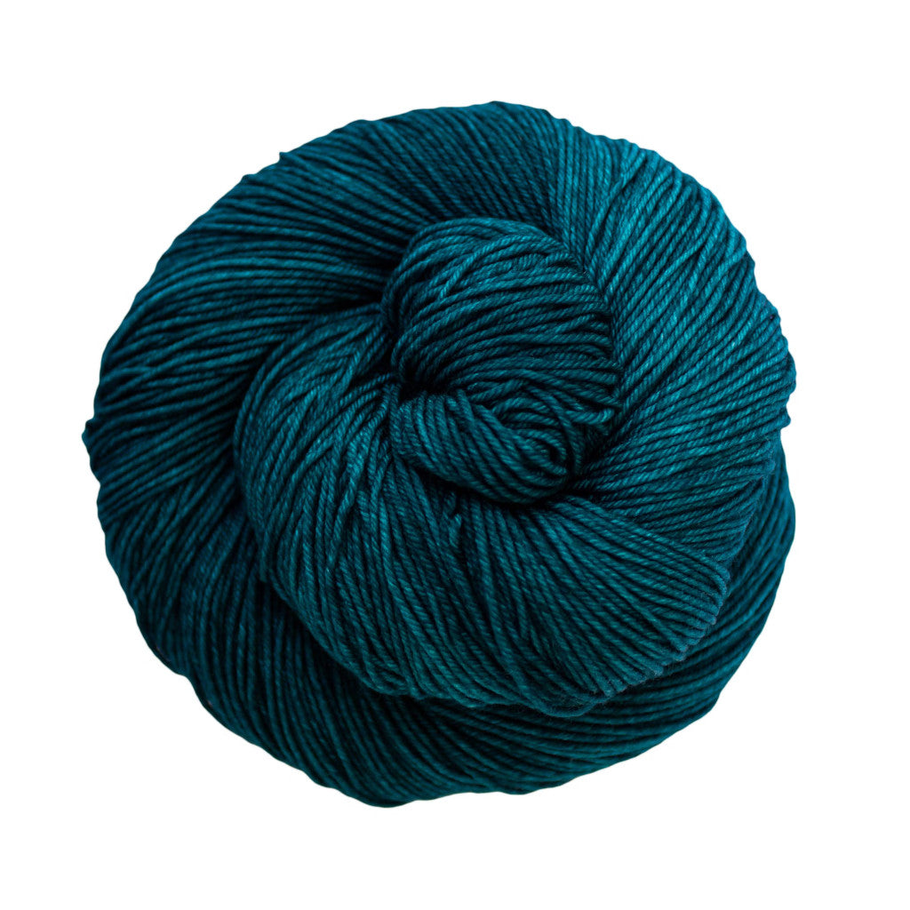 Color: Teal Feather 412. A deep teal variegated skein of Malabrigo Ultimate Sock yarn