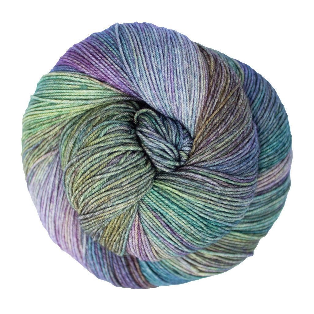 Color:Indiecita 416. A light green, purple and blue variegated skein of Malabrigo Ultimate Sock yarn