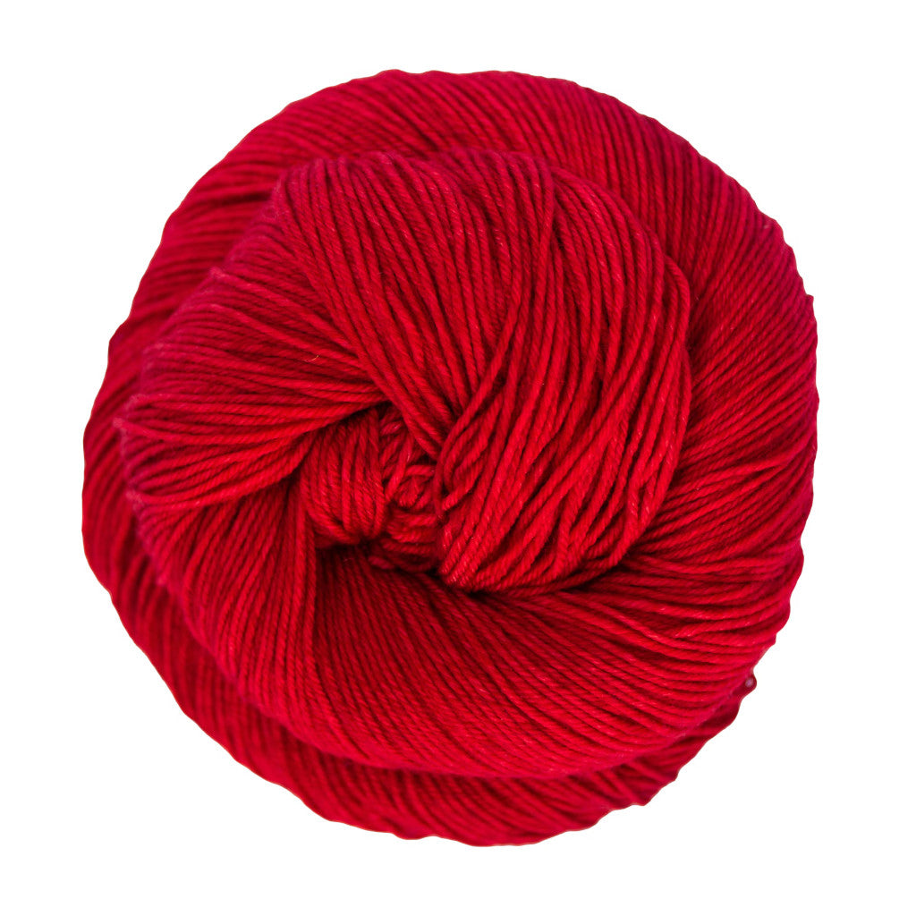 Color: Ravelry Red 611. A bright red variegated skein of Malabrigo Ultimate Sock yarn