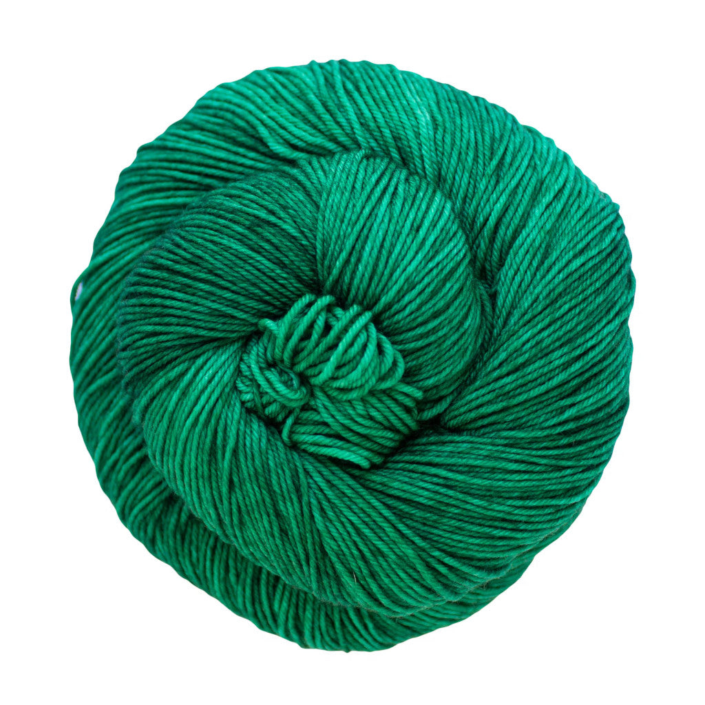 Color: Patrick 737. A bright, Irish green variegated skein of Malabrigo Ultimate Sock yarn