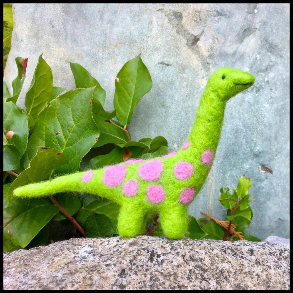 Woolpets dinosaur needle felting kit - a green dinosaur with pink spots