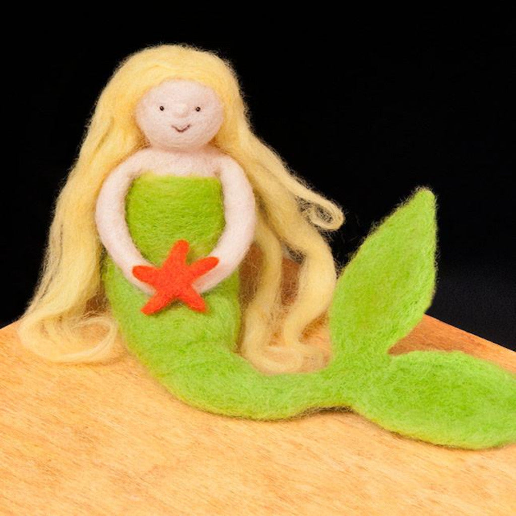 Woolpets mermaid needle felting kit - a mermaid with blonde hair and green dress