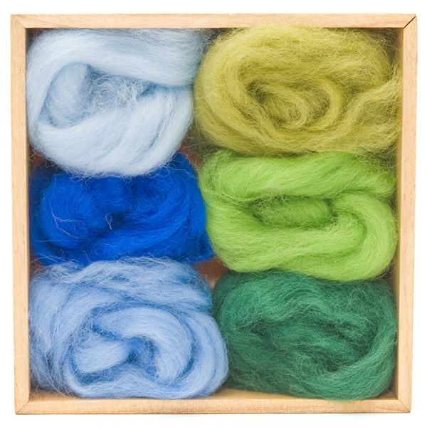A Woolpets Wool Roving Color Pack option Forest Sky, a pretty set of blues and greens.