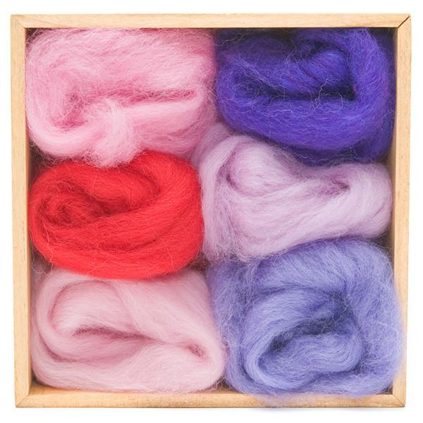 A Woolpets Wool Roving Color Pack in the option Fuchsia, a Valentines-y set of pinks and purples.