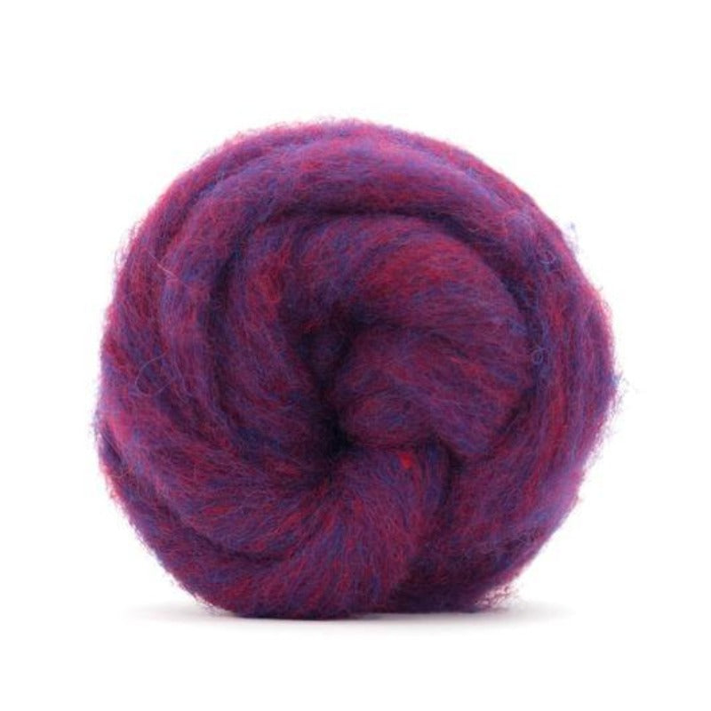 A red and blue shade of carded corriedale wool roving.