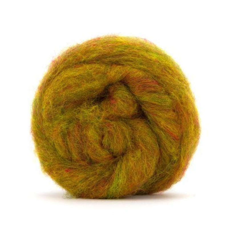 A yellow and orange shade of carded corriedale wool roving.