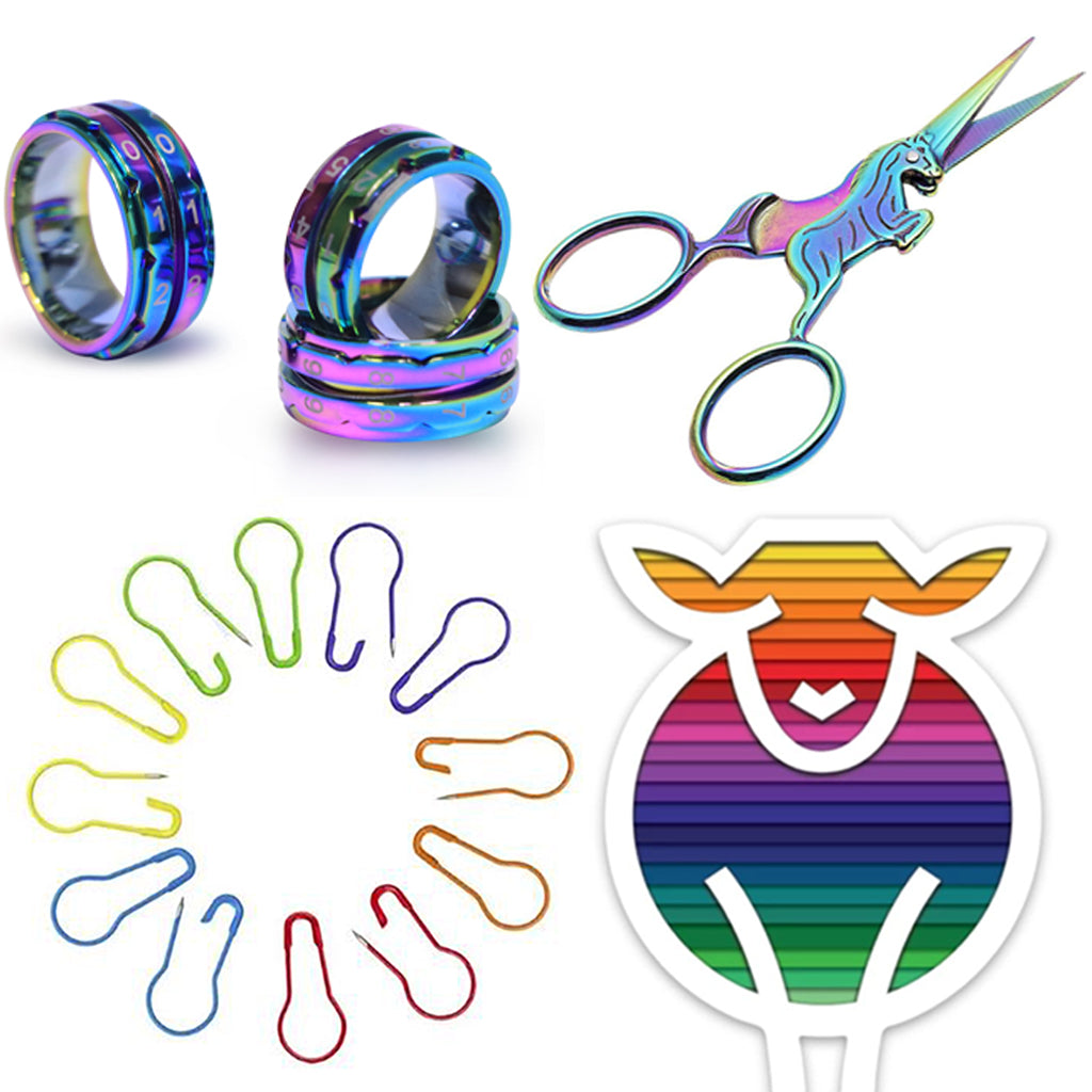 Rainbow Notions Set-Accessory Tool Set-Ring Size 7 - 17.30mm-Unicorn Scissors & Hiya Hiya Rainbow Safety Pin Stitch Markers-