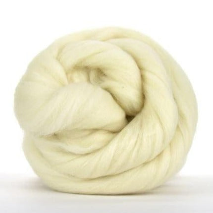 Naturally white undyed Rambouillet sheeps wool fiber roving top.