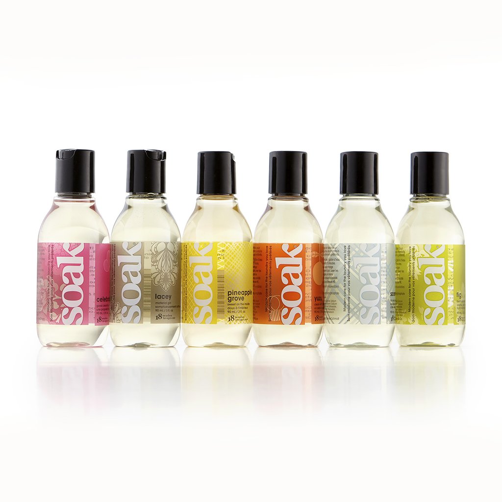 3 oz bottles of SOAK wash in the scents Celebration, Yuzu, Pineapple Grove, Fig, Scentless, and Lacey.