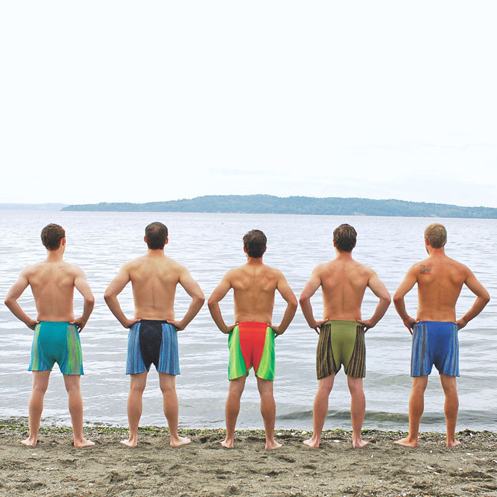 A back view of 5 men wearing the Hikoo Cobasi Socks Appeal knitted boxer shorts by Skacel Knitting.
