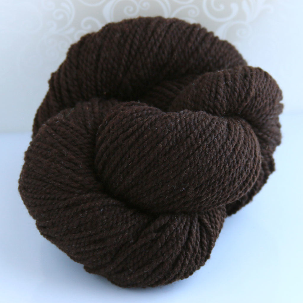A skein of Pete  yarn. A cocoa brown 100% wool DK weight yarn from Spoiled Sheep.