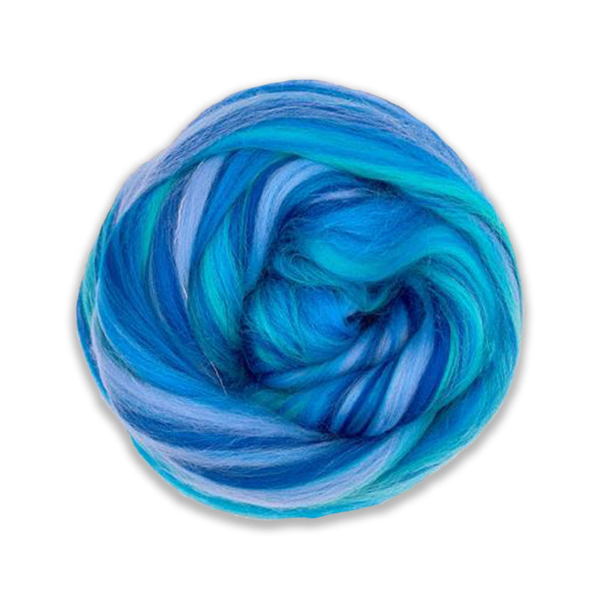 Color Tranquil. A multi colored merino blend of lavender, royal, sky, and cerulean blue shades.