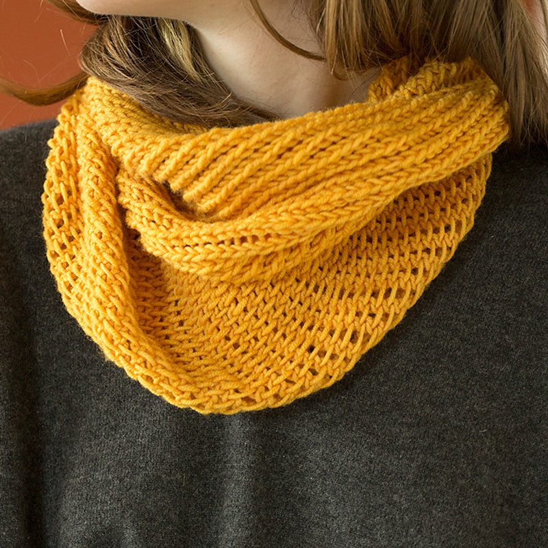 The Bella Cowl kit knit in Harvest Worsted hand-dyed with Buckthorn.