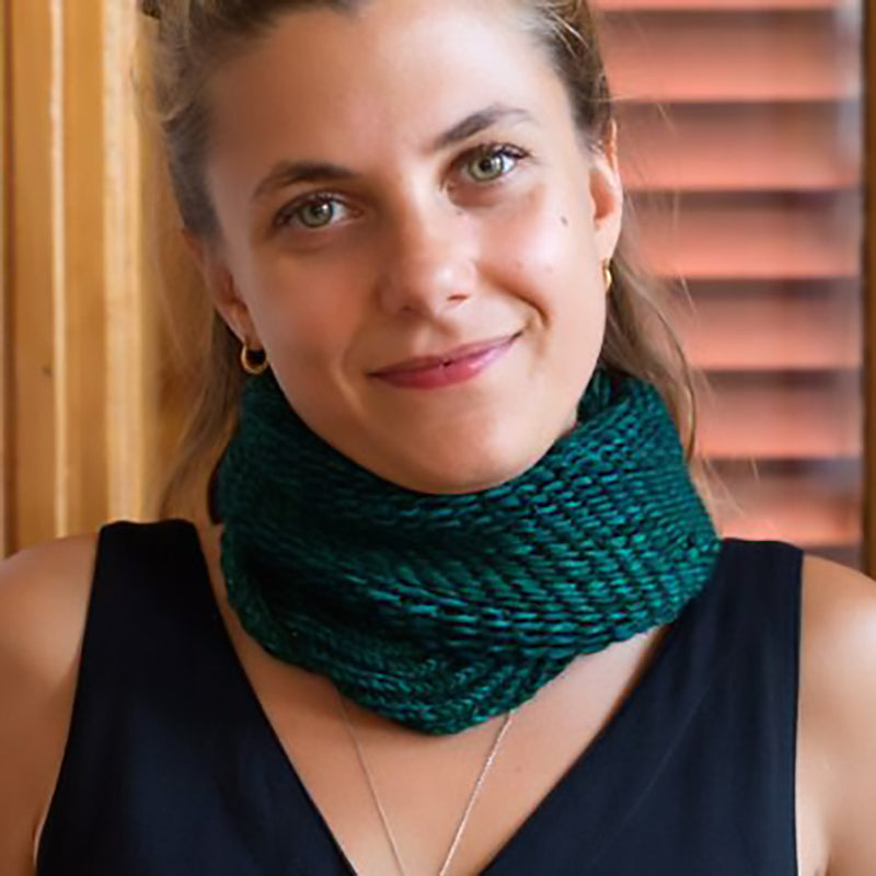 The Bella Cowl kit knit in Monokrom Worsted in the color 4065 Deep Pine.
