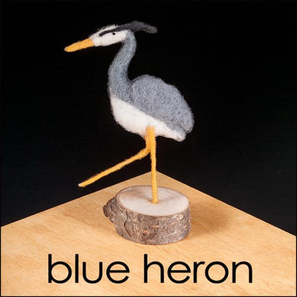 Woolpets blue heron needle felting kit - a grey and white blue heron with orange legs and an orange beak